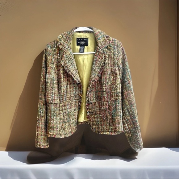 Tailor B. MOSS Green Multicolor Fringe Tweed Blazer Suit Jacket Size 6 w button - Picture 1 of 9